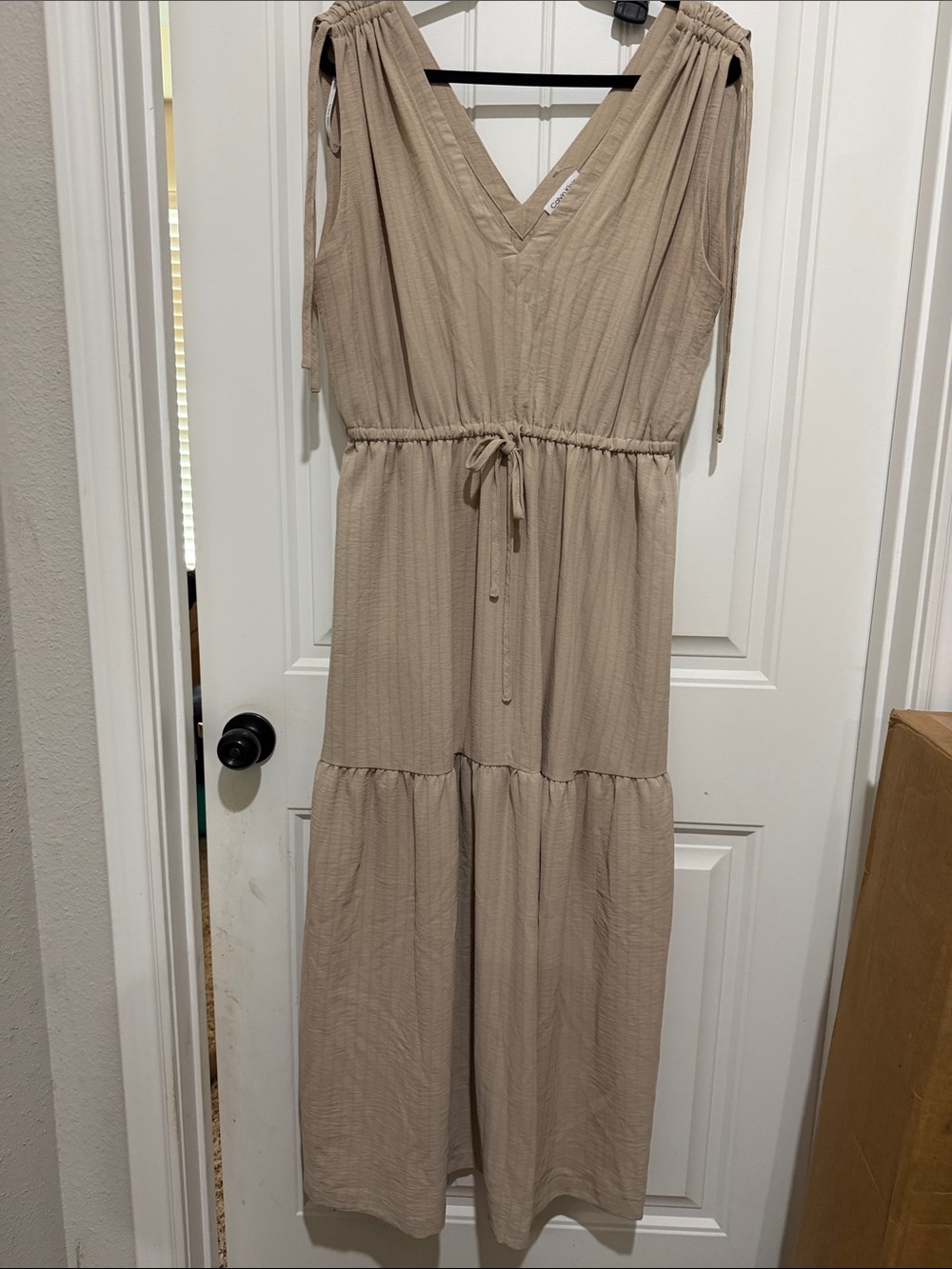 Calvin Klein Sleeveless V-Neck Tie-Waist Maxi Dress in Beige